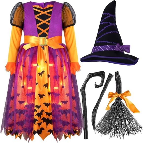 Girls Witch Halloween Costume Light Up Starry Witch Dress with Hat and Broom
